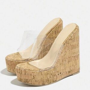 Platform wedge Cork heels clear  Transparent Strap slip ons 6” heel sz 8